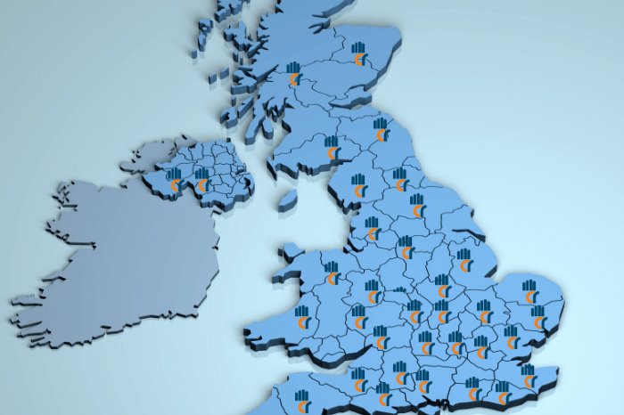 A map of the UK with pins indicating chiropractic job opportunities.